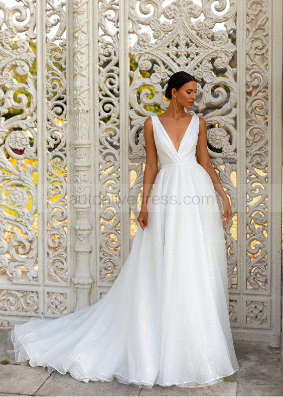 Deep V Neck Ivory Organza Glitter Wedding Dress